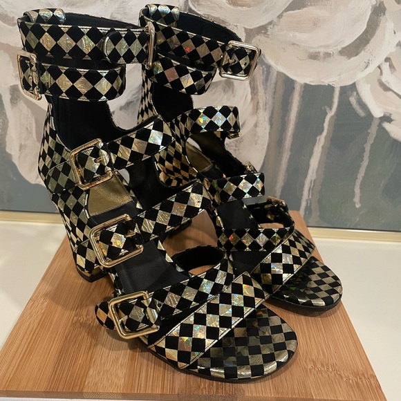 Laurence Dacade Paris Black/Gold Checkered Heels - Picture 1 of 13